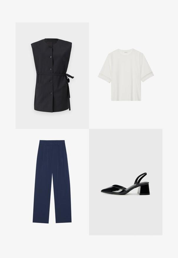 Svart ermeløs vest med høy hals, frontknapplukking, sidelommer og midjebånd, laget av en glatt stoff.; Hvit t-skjorte med kort erme laget av bomull, med dekorativ blondekant langs ermene og en rund halslinning.; Marineblå bukser med vide ben laget av mykt stoff, med frontfolder, en glatt tekstur og en rett passform uten synlige lommer.; Svarte patentlær slingback hæler med spiss tå og geometrisk blokk hæl. Har et stilrent, minimalistisk design og jevn tekstur.