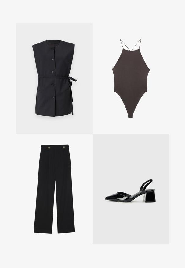 Schwarze ärmellose Weste mit hohem Kragen, vorderer Knopfleiste, seitlichen Taschen und Taillenband, gefertigt aus einem glatten Stoff.; Brauner, hochgeschlossener Badeanzug mit dünnen, verstellbaren Trägern; zeichnet sich durch einen hohen Beinschnitt und eine glatte Textur aus. Keine Muster oder Verzierungen.; Schwarze weite Hosen mit hoher Taille, Knopfdetails am Bund und vorderen Falten.; Schwarze Lackleder-Slingback-High Heels mit spitzem Schuh und einem geometrischen Blockabsatz. Verfügt über ein schlankes, minimalistisches Design und eine glatte Textur.
