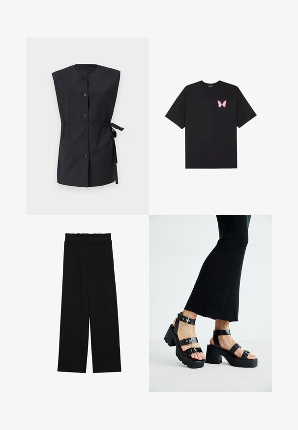 Svart ermeløs vest med høy hals, frontknapplukking, sidelommer og midjebånd, laget av en glatt stoff.; Svart bomulls T-skjorte med korte ermer, med en liten rosa sommerfugl grafikk på venstre bryst. Crew-neck design med en avslappet passform.; Svarte vide bukser med rynket liv, med to sidelommer og et glatt, lett stoff. Ingen synlige mønstre eller metalldeler.; Sorte plattformsandaletter med kraftige såler og flere stropper, med metallspenner og en jevn lær-lignende tekstur.