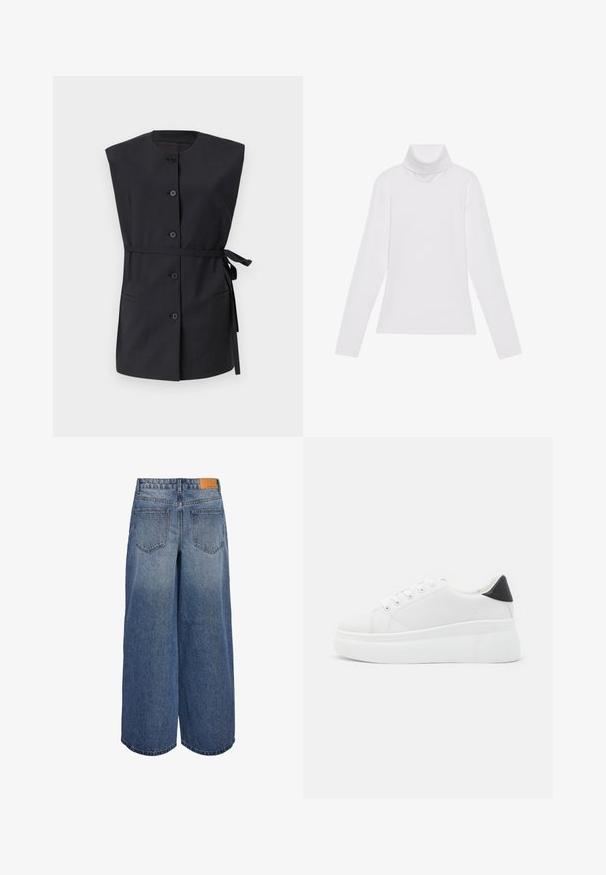 Černá bezrukávová vesta s vysokým výstřihem, zapínáním na knoflíky vpředu, bočními kapsami a vázáním v pase, vyrobená z hladkého materiálu.; Bílý dlouhý rukáv rolák vyrobený z hladkého, elastického materiálu. Má vysoký límec a přiléhavý střih, bez viditelných vzorů nebo ozdob.; Kratší denimpantalony s širokými nohavicemi v modré barvě s vybledlým efektem, se dvěma zadními kapsami a hnědou koženou značkovou visačkou na pase.; Bílé platformové tenisky vyrobené z hladkého syntetického materiálu, s kulatou špičkou, šněrováním a texturovanou gumovou podrážkou. Černý akcent na patě.