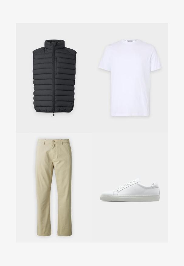 Gilet rembourré noir avec un col montant, fermeture éclair sur le devant et une poches poitrine. Présente des coutures horizontales pour un effet texturé et une meilleure isolation.; T-shirt en coton blanc à manches courtes, encolure ronde, avec un logo subtilement en relief sur la poitrine gauche, texture lisse.; Pantalon en coton beige avec une coupe droite, fermeture à bouton sur le devant et passants de ceinture. Texture lisse, sans motifs ou accents visibles.; Sneaker blanche avec une tige en cuir lisse et un profil bas. Présente un bout arrondi, six œillets et une semelle en caoutchouc texturé.