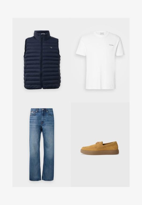 Colete puffer azul-marinho com colarinho alto, fecho éclair completo e design matelassé. Apresenta uma etiqueta de logotipo na área do peito esquerdo. Material leve.; Camiseta de algodão branca com mangas curtas e decote redondo. Apresenta um pequeno logótipo preto "Calvin Klein" no lado esquerdo do peito.; Jeans de ganga azul, de perna reta, com ligeira descoloração, fecho frontal com botão e uma pequena etiqueta com logotipo no bolso frontal direito.; Sapatos slip-on em camurça castanha com um acabamento texturizado, bico redondo e sola de borracha em contraste. Apresenta uma marcação discreta próximo ao calcanhar.