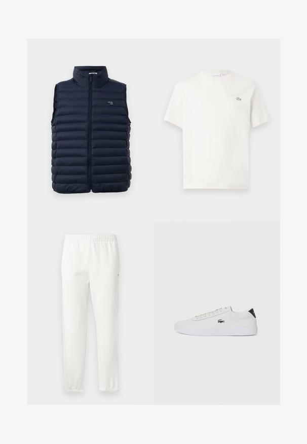 Colete puffer azul-marinho com colarinho alto, fecho éclair completo e design matelassé. Apresenta uma etiqueta de logotipo na área do peito esquerdo. Material leve.; T-shirt de algodão branco com mangas curtas, apresentando um discreto logótipo bordado e um design minimalista. Textura suave, decote redondo.; Calças de algodão brancas com cintura elástica e pernas ajustadas. Apresenta um pequeno detalhe de logótipo na lateral. Textura suave, design minimalista.; Sapatilha de couro branco com biqueira arredondada, atacadores na frente e detalhe preto no calcanhar. Apresenta um pequeno logótipo de crocodilo bordado na lateral.