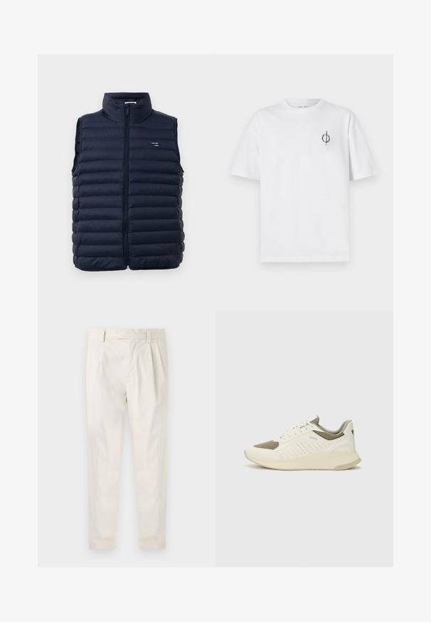 Tamno plavi puffer prsluk s visokim ovratnikom, patentnim zatvaračem duž cijele dužine i kviltanim dizajnom. Ima oznaku loga na lijevoj strani prsnog područja. Lagani materijal.; Bijela pamučna majica s opuštenim krojem, s malim crnim grafičkim logotipom na lijevoj prečki. Kratki rukavi, okrugli izrez.; Bijele, naborane hlače s krojem po mjeri, koje imaju glatku teksturu, petlje za pojas i sužene nogavice. Nema vidljivih džepova ili uzoraka.; Bijele i svijetlosmeđe sportske tenisice, sa mrežastim gornjim dijelom, perforiranim detaljima i teksturiranim međutrakom sa brendom na peti.