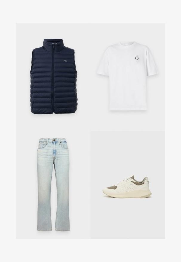 Tamsiai mėlynas pūkinis liemenė su aukštu apykakle, ilgu užtrauktuku ir siūtu dizainu. Yra logotipo ženklelis kairėje krūtinės pusėje. Lengvas medžiaga.; Balta medvilninė marškinė su laisvu siluetu, su mažą juodą grafiką logotipą kairėje krūtinės pusėje. Trumpomis rankovėmis, apvaliu kaklu.; Šviesiai mėlyni džinsai su aukštu liemeniu, tiesaus kirpimo ir šiek tiek nusidėvėję. Turi penkis kišenių ir metalinį mygtuko užsegimą.; Baltas ir šviesiai bežinis sportinis kedas, su tinklo viršumi, perforuotais detalėmis ir tekstūruotu tarpine su logotipu ant kulno.