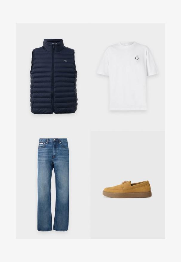 Marineblaue Steppweste mit hohem Kragen, durchgehendem Reißverschluss und gestepptem Design. Mit einem Logo-Tag im linken Brustbereich. Leichtes Material.; Weißes Baumwoll-T-Shirt mit lockerer Passform, das ein kleines schwarzes Grafiklogo auf der linken Brustseite aufweist. Kurze Ärmel, Rundhalsausschnitt.; Blaue gerade Denim-Jeans mit leichter Ausbleichung, vorderem Knopfverschluss und einem kleinen Logotag auf der rechten Vordertasche.; Braune Wildlederschlupfschuhe mit strukturierter Oberfläche, runder Zehenform und kontrastierender Gummisohle. Mit dezenter Markenkennzeichnung nahe der Ferse.