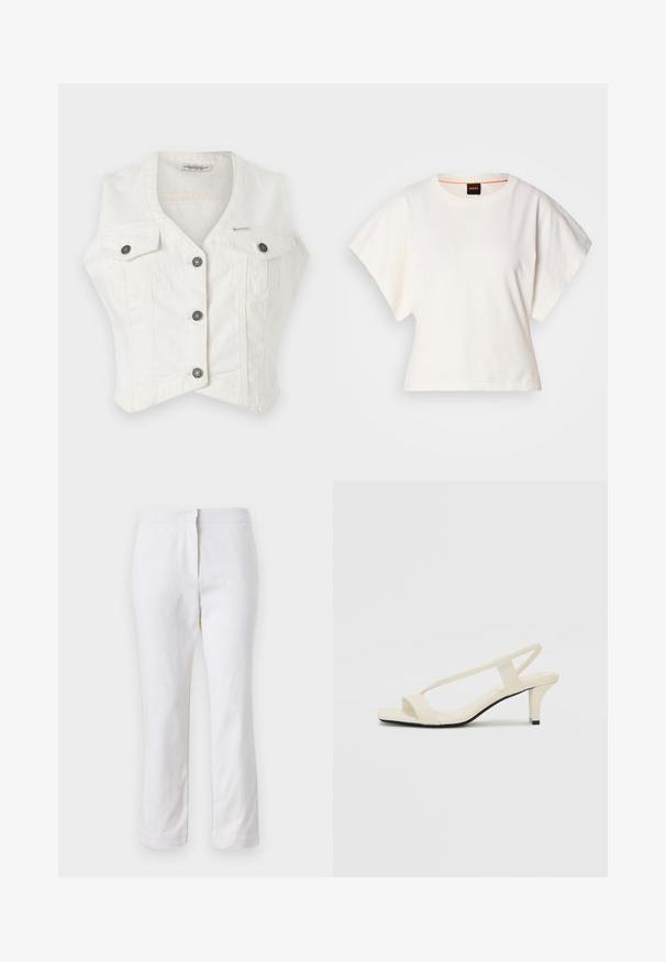 Valge denimi cropped vest, millel on V-kaelus, neli taskut ja hõbedased nööbid. Omab lillakat disaini ja peent õmblust.; Valge lühikeste laiadte varrukatega lühike T-särk, pehme puuvillane materjal, ümar kaelus kergelt oranži ääristusega, minimaalne disain, ilma mustrite ja graafikateta.; Valged puuvillased püksid sirge lõikega, keskmise kõrgusega vöökoht ja ilma nähtavate detailide või mustriteta. Ühtlane sile tekstuur.; Beez blok-kandadesed õhukeste rihmadega ja ruudukujulise varbaga. Sile materjal minimaalsete detailidega, kujundatud mugavaks kandmiseks.