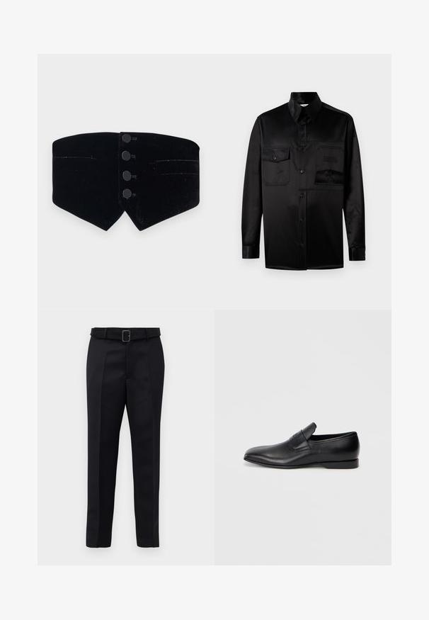 Černý sametový límec s přiléhavým designem. Obsahuje čtyři černé knoflíky a šikmý střih, doplněný jemným leskem a dvěma malými kapsami.; Černá košile s dlouhým rukávem vyrobená z hladké látky. Obsahuje špičatý límeček, přední zapínání na knoflíky a dvě náprsní kapsy s klopou.; Černé oblekové kalhoty mají hladkou tkaninu, rovný střih a pas s opaskem a obdélníkovou sponou. Výrazné přední záhyby zvýrazňují design.; Černá kožená slip-on obuv s špičatou špičkou, hladkou texturou a jemným logem na boku. Nízký podpatek s čistým, minimalistickým designem.