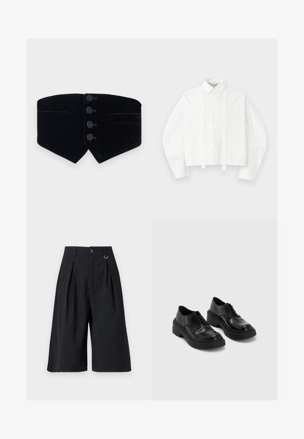 Musta samettikaulus, jossa on tiukka muotoilu. Sisältää neljä mustaa nappia ja viisteleikkauksen, täydentää hienovarainen kiilto ja kaksi pientä taskua.; Valkoinen, pitkähiha, kauluspaita, jossa on lyhennetty malli. Etuosassa on napitus ja nauhat sekä hillitty logo-ompelu rinnassa.; Mustat pinstripe-shortsit, joissa on plektit, nappikiinnitys ja metallirenkaalla varustettu yksityiskohta. Sujuva kangas, jossa on muotoiltu istuvuus ja polven pituisen muotoilu.; Musta nahkakengät, joissa on paksu musta kumipohja, pyöreät varpaat ja nauhakiinnitys. Silkkinen pinta hienovaraisilla ompeluyksityiskohdilla.