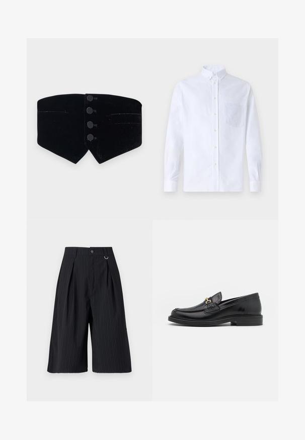 Collar de terciopelo negro con un diseño ajustado. Presenta cuatro botones negros y un corte diagonal, terminado con un brillo sutil y dos pequeños bolsillos.; Camisa blanca de manga larga y botonadura frontal, hecha de algodón, con un bolsillo en el pecho con bordado tonal, cuello y puños con botones.; Pantalones cortos negros con rayas y pliegues, cierre de botón y acento de anillo metálico. Tejido suave con un ajuste a medida y diseño hasta la rodilla.; Mocasines de cuero negro con punta redondeada, que cuentan con un detalle de herrajes dorados y costuras, situados sobre una suela de goma texturizada y baja.