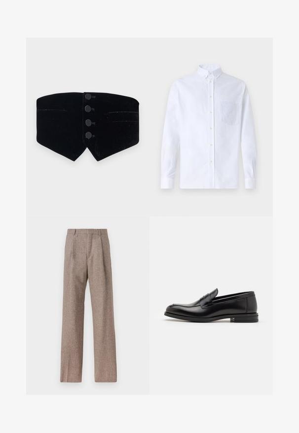 Zwarte fluwelen kraag met een aansluitend ontwerp. Bevat vier zwarte knopen en een diagonale snit, afgemaakt met een subtiele glans en twee kleine zakken.; Witte lange mouwen overhemd van katoen, met een borstzak met tonale borduring, een kraag en knopenmanchetten.; Bruine, hooggewaisted broeken van een gestructureerde stof. Heeft wijde benen en twee voorplooien voor extra structuur. Net afgewerkt zonder zichtbare hardware.; Zwarte leren instappers met een gladde textuur, ronde neus en een decoratieve band over de wreef. Lage, gestapelde hak en minimalistisch ontwerp.