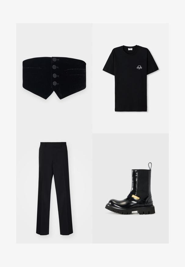 Melnas samta apkakles ar pieguļošu dizainu. Iezīmē četras melnas pogas un diagonālu griezumu, pabeigts ar smalku mirdzumu un divām nelielām kabatām.; Melna kokvilnas T-krekls ar apaļu kakla izgriezumu. Ar mazu baltu grafisku dizainu uz krūšu daļas. Īsas piedurknes un taisna apakšdaļa.; Melnas šūtu bikses ar platu kāju dizainu, ar gludu tekstūru un asiem locījumiem, izgatavotas no austas auduma.; Melnas ādas potīšu zābaki ar elastīgām sānu daļām, zelta akcentu siksniņu un masīvu melnu gumijas zoli. Gluds apdare ar noapaļotu purngalu.