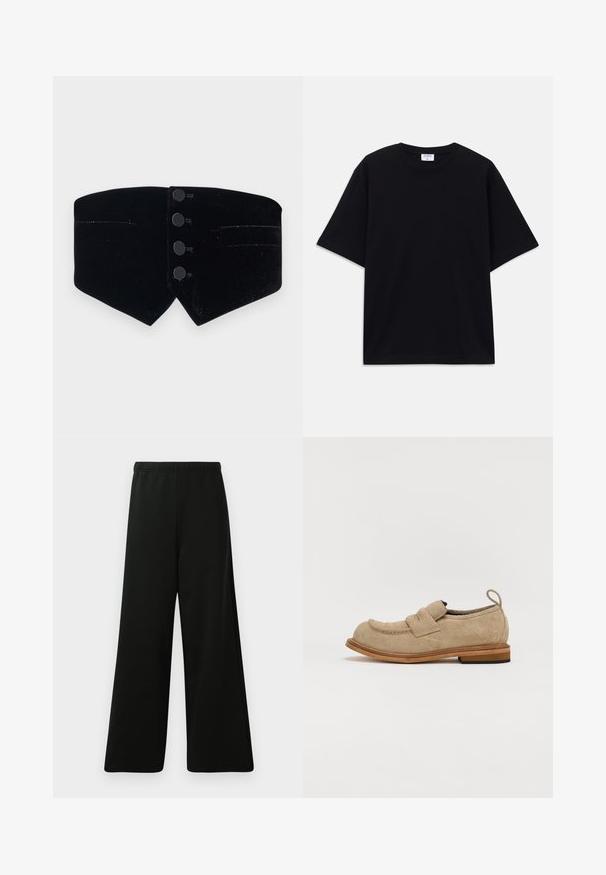 Collar de terciopelo negro con un diseño ajustado. Presenta cuatro botones negros y un corte diagonal, terminado con un brillo sutil y dos pequeños bolsillos.; Camiseta oversized de manga corta en negro con escote redondo y etiqueta de la marca Filippa K visible en el interior del cuello.; Pantalones de pierna ancha negros hechos de un tejido suave. Cuentan con una cintura elástica, una textura suave y un diseño simple y moderno sin patrones.; Mocasines de ante beige con punta redonda, una correa decorativa en el empeine y un tacón de madera apilada. Incluye una lengüeta en la parte trasera.