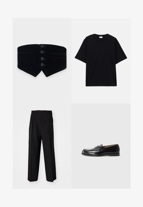 Collo in velluto nero con design aderente. Presenta quattro bottoni neri e un taglio diagonale, completato da una leggera lucentezza e due tasche piccole.; T-shirt oversize nera a maniche corte con scollatura rotonda e etichetta del marchio Filippa K visibile all'interno del colletto.; Pantaloni neri a pieghe con un design dritto e gamba larga. Realizzati in tessuto morbido, con chiusura a bottone e passanti per cintura.; Mocassini in pelle neri con finitura liscia, punta rotonda, cuciture decorative e un piccolo dettaglio metallico sul davanti.