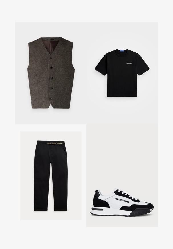 Smeđi tweed prsluk s V-izrezom, pet crnih gumba i dva prednja džepa. Unutrašnjost je obložena kontrastnom tamnom tkaninom.; Crna pamučna majica s okruglim izrezom i kratkim rukavima. Na lijevoj strani prsiju ima "POLO SPORT" logo u bijeloj boji. Standardna veličina.; Crne hlače izrađene od laganog materijala, s elastičnim pojasom i integriranim zelenim remenom, ravnog kroja i bočnim džepovima.; Tenisice s gornjim dijelom od crnog antilopa i bijele kože, s crnim gumenom podlogom, bijelim vezicama i logotipom "POLO SPORT" sa strane.
