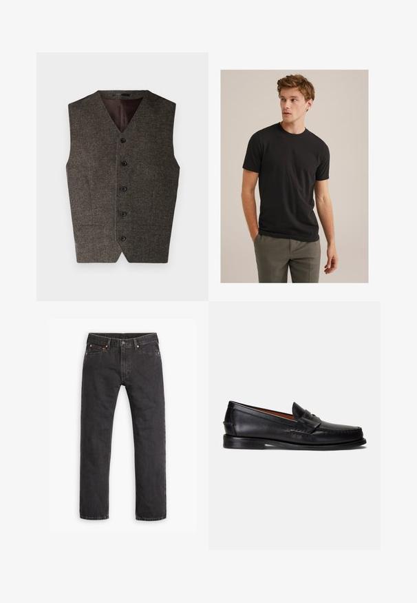 Smeđi tweed prsluk s V-izrezom, pet crnih gumba i dva prednja džepa. Unutrašnjost je obložena kontrastnom tamnom tkaninom.; Mladić s kovrčavom svijetlosmeđom kosom, odjeven u crnu majicu kratkih rukava i sive hlače, gleda ulijevo s rukama u džepovima.; Crne traperice ravnog kroja s pet džepova, zatvaranjem na gumb i bakrenim zakovicama, položene ravno na bijeloj pozadini.; Crne kožne mokasine s glatkom završnom obradom, zaobljenim vrhom i ukrasnim remenom preko gornjeg dijela. Imaju nisku crnu potplatu.