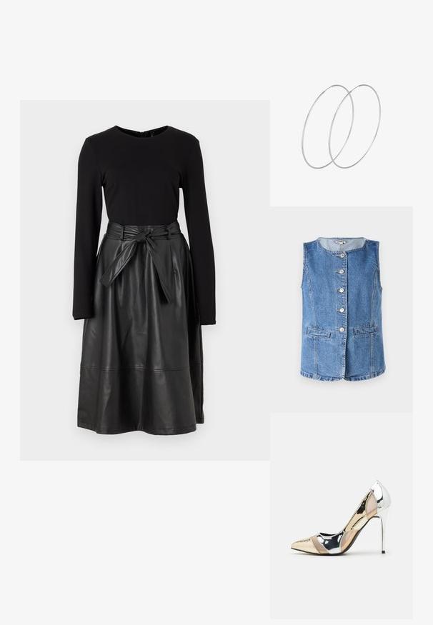 Denim brezrokavnik v svetlo modri barvi z okroglim dekoltejem, šestimi sprednjimi gumbi in dvema stranskima žepoma. Ima šivane detajle in strukturiran kroj.; Črna dolga majica s sleeves, v kombinaciji s črno krilo iz umetnega usnja, ki ima zavezan pas in gladko, sijočo teksturo.; Čevlji z visoko peto in konico, v barvni kombinaciji srebrne, zlate in nude. Sijajna obdelava z izrezljanim dizajnom, z igličasto peto.; Srebrna kovinska torbica z mehko, zaobljeno obliko in zavezano zgornjo zaporo. Narejena iz gladkega umetnega usnja.; Srebrne uhane v obliki obroča z minimalističnim dizajnom. Krožna oblika, gladka tekstura in tanek profil. Lahki s poliranim zaključkom.