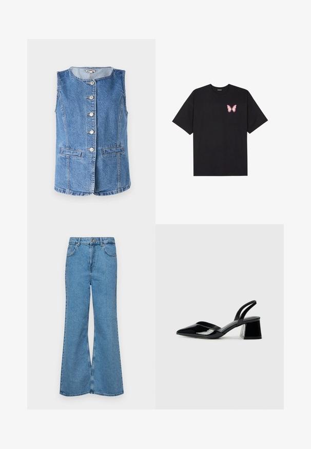 Jeansvest i lys blå med rund hals, seks frontknapper og to sidelommer. Har broderte detaljer og en strukturert passform.; Svart bomulls T-skjorte med korte ermer, med en liten rosa sommerfugl grafikk på venstre bryst. Crew-neck design med en avslappet passform.; Lyseblå vide jeans laget av denim, med høyt liv, fem lommer og en enkelt knappelukking. Myk tekstur med falmet finish.; Svarte patentlær slingback hæler med spiss tå og geometrisk blokk hæl. Har et stilrent, minimalistisk design og jevn tekstur.