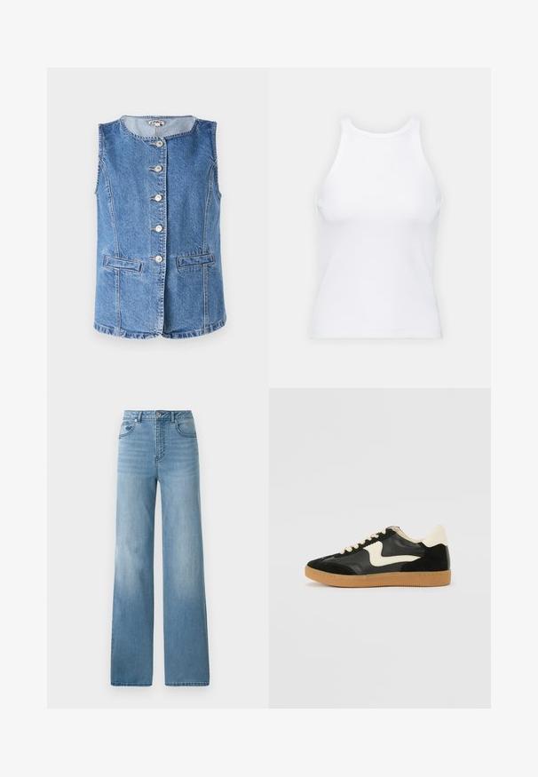 Lekki niebieski kamizelka dżinsowa z okrągłym dekoltem, sześcioma guzikami z przodu i dwoma kieszeniami bocznymi. Posiada przeszycia oraz strukturalny krój.; Biała bezrękawnikowa koszulka wykonana z prążkowanej tkaniny, z okrągłym dekoltem i dopasowanym krojem, o minimalnych szwach i bez ozdób.; Jasnoniebieskie dżinsy z wysokim stanem i prostą nogawką. Wykonane z denimu, z pięcioma kieszeniami i zapięciem na guziki.; Czarne zamszowe i skórzane sneakersy z kremowym boku i jasnokremowym piętą. Posiada beżowe sznurowadła i gumową podeszwę.