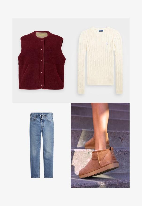 Bordo bezpiedurkņu flīsa veste ar spiedpogām priekšpusē un divām priekšējām kabatām, apaļa kakla izgriezums.; Krems krāsas adīts džempers ar garām piedurknēm, ribotām aprocēm un apakšmalu, ar nelielu izšūtu logotipu kreisajā krūtī.; Gaiši zila džinsu bikses ar taisnu griezumu, piecu kabatu dizainu un poga aizdari. Iespējamas nelielas izbalēšanas un apelsīnu diegu akcenti.; Dzeltenbrūnas zamšādas potīšu zābaciņi ar mīkstu tekstūru, izšūtu apdari un gumijas zoli, kas aprīkoti ar cilpu uz papēža ērtai uzvilkšanai.