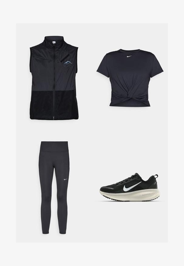 Vest negru fără mâneci, cu guler înalt, realizat dintr-un material ușor. Prezintă fermoar la închidere și un buzunar pe pieptul stâng cu un accent de logo albastru.; Tricou sport negru din material neted, cu un design frontal legat și un mic logo Nike alb pe piept.; Leggings negre dintr-un material elastic, având talie înaltă și un logo alb Nike pe coapsa stângă. Textură netedă, design care se conturează pe corp.; Pantofii de alergare negri de la Nike, cu parte superioară din plasă respirabilă, logo-ul alb Swoosh, detalii texturate și o talpă intermediară ZoomX de culoare crem.