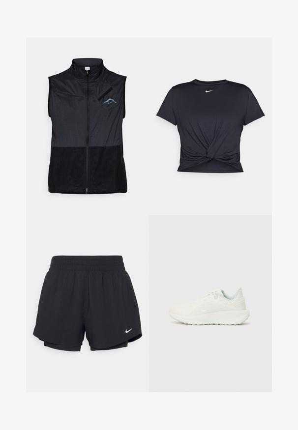 Colete preto sem mangas com colarinho alto, feito de um tecido leve. Possui fecho com zíper e um bolso no peito esquerdo com um detalhe de logotipo azul.; T-shirt atlético preto feito de tecido liso, apresentando um design frontal com nó e um pequeno logótipo branco da Nike no peito.; Calções atléticos pretos com um cós elástico franzido, forro interior e o logótipo da Nike em branco no lado inferior esquerdo. Tecido suave e leve.; Tênis atléticos brancos com um cabedal texturizado, colarinho almofadado e fecho de atacadores. Apresenta uma sola curva e uma marcação discreta na lateral.
