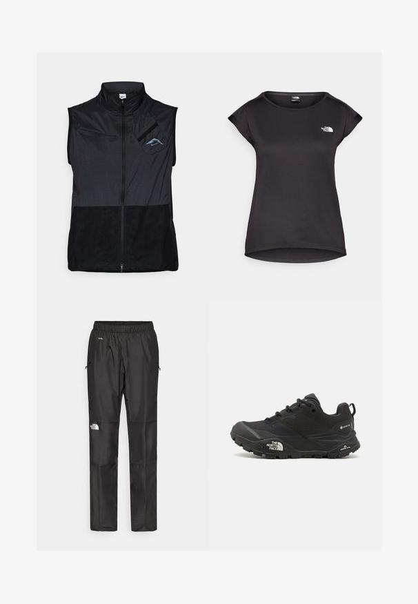 Zwarte mouwloze vest met een hoge kraag, gemaakt van lichte stof. Voorzien van een ritssluiting en een linkerkle pocket met een blauw logo-accent.; The North Face TANKEN TANK - Sport T-shirt - black; Zwarte waterdichte broek van lichtgewicht stof, uitgerust met een elastische tailleband, zijzakken en een logo op het linkerpijp.; Zwarte wandelschoen met een gestructureerde bovenkant, vetersluiting en een stevige rubberen zool met een opvallend logo aan de zijkant en profielpatronen.
