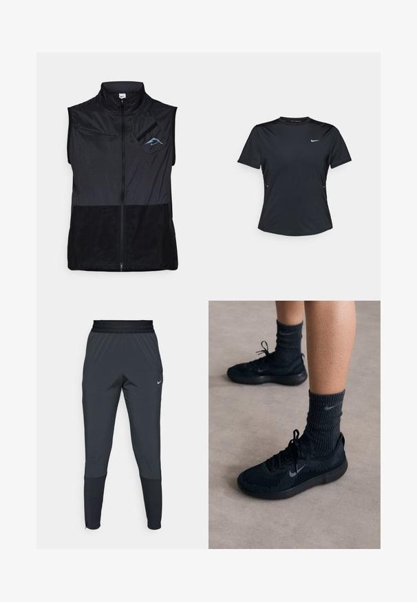 Črna brezrokavna jakna z visokim ovratnikom, izdelana iz lahkega materiala. Ima zadrgo in žep na levi strani prsnega dela s poudarkom v modri barvi.; Črna kratka športna majica z odličnim dihanjem, izdelana iz lahkotnega, vodoodpornega materiala. Ima okroglo ovratnik in majhen bel Nike logo na prsih.; Nike športne hlače v temno sivi barvi, s taperiranim krojem, elastičnim pasom in dodatnimi detajli blizu manšet.; Črne Nike teniske z strukturiranim pletenim zgornjim delom, s sivim swoosh logotipom, v kombinaciji s temnimi rebrastimi nogavicami. Udoben gumijast podplat.