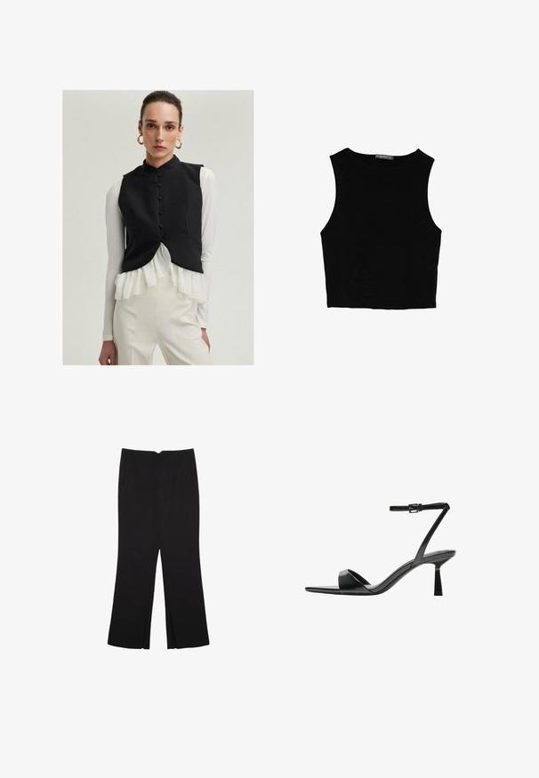 Czarna bezrękawnik z wysokim kołnierzem i guzikami z przodu, warstwowy na białej bluzce z falbanami, w połączeniu z kremowymi spodniami.; Czarny bezrękawnik crop top z gładkiego materiału, z okrągłym dekoltem i czystym, prostym wzornictwem, bez wzorów czy metalowych elementów.; Czarne spodnie o prostym kroju, z przednimi kieszeniami i bocznymi rozcięciami na dole. Wykonane z miękkiego, gładkiego materiału. Odpowiednie na różne okazje.; Bershka - Sandały na obcasie