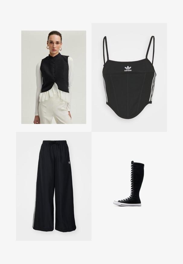Juodas be rankovių liemenė su aukštu apykakle ir priekiniais mygtukais, dėvima virš baltos pakulnės bluzės ir derinama su kreminės spalvos kelnių.; Juodas juostuotas trumpas viršus su reguliuojamomis plonomis petnešomis, puikuojantis trimis baltomis juostelėmis šonuose ir mažuoju balto Adidas logotipu centre.; Juodi plačios kojos keliai, pagaminti iš lengvos medžiagos. Yra elastinė juosmens juosta su raišteliu ir baltomis šoninėmis juostelėmis. Prekės ženklo logotipas ant klubų.; Juodos aukštos sportinės bateliai su aukštu dizainu, pagaminti iš kanvo. Su baltais raišteliais, siūlėmis ir guminėmis padais su pirštų kepurėle.