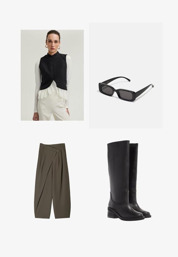 Czarna bezrękawnik z wysokim kołnierzem i guzikami z przodu, warstwowy na białej bluzce z falbanami, w połączeniu z kremowymi spodniami.; Biała koszulka z krótkim rękawem, wykonana z bawełny. Posiada okrągły dekolt i luźny krój. Gładka faktura bez widocznych wzorów czy akcentów.; Szerokie spodnie w ciemnooliwkowym kolorze, z plisowanym przodem, z zapięciem na guzik oraz polerowaną, teksturowaną powierzchnią.; Czarne skórzane kozaki do kolan o gładkiej fakturze, zaokrąglonym nosku i masywnym obcasie. Posiadają subtelne przeszycia i elegancki kształt.; Czarne prostokątne okulary przeciwsłoneczne z ciemnymi szkłami, błyszczącym wykończeniem, szerokimi zausznikami i masywną konstrukcją. Wygrawerowana nazwa marki na jednym z zauszników.