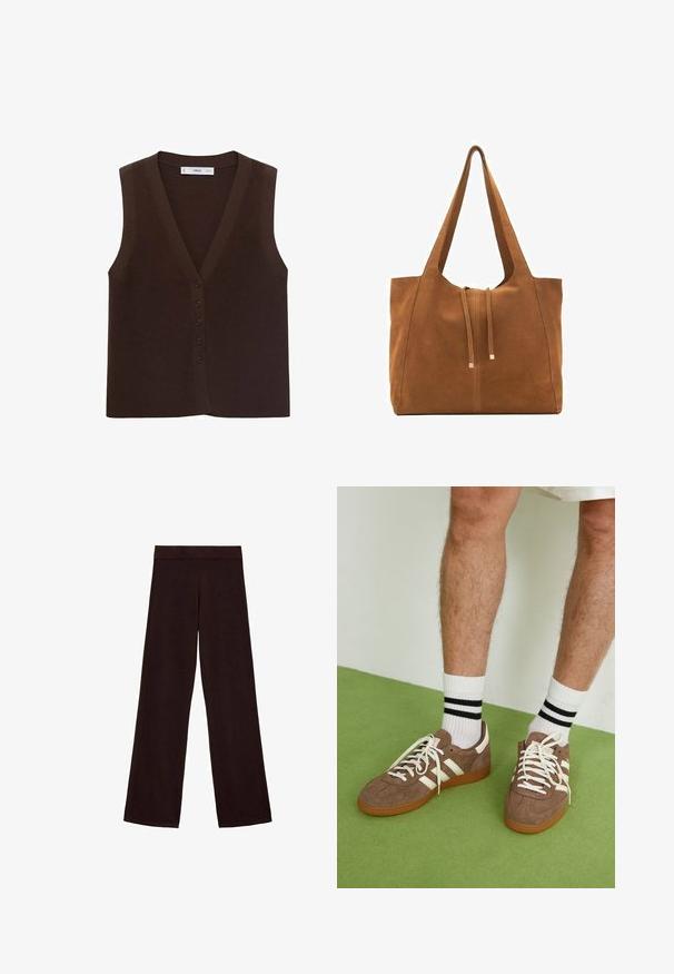 Smeđi pleteni prsluk s V-izrezom, sa gumbima sprijeda i rebrastom teksturom. Bez rukava, minimalistički dizajn.; Žuti pleteni kardigan s V-izrezom, dugim balon rukavima i perlasastim ukrasima na ramenima. Prednje zatvaranje na pet dugmadi.; Bezrukavni pulover u tamnosmeđoj boji, napravljen od meke, teksturirane tkanine. Ima okrugli izrez i rebraste rubove na otvorima za ruke i donjem rubu.; Braon široke hlače od mekog materijala, s debelim pojasom i glatkom teksturom, bez vidljivih uzoraka ili hardvera.; Smeđe nubuk tenisice s bijelim detaljima i vezicama. Gumeni potplat. Nosene s bijelim čarapama s crnim prugama. Zeleno teksturirano pod.; Smeđa zamska torba s širokim otvorom, dugim trakama i zatvaranjem na vezicu s metalnim naglascima. Nemačka tekstura s minimalnim šavovima.