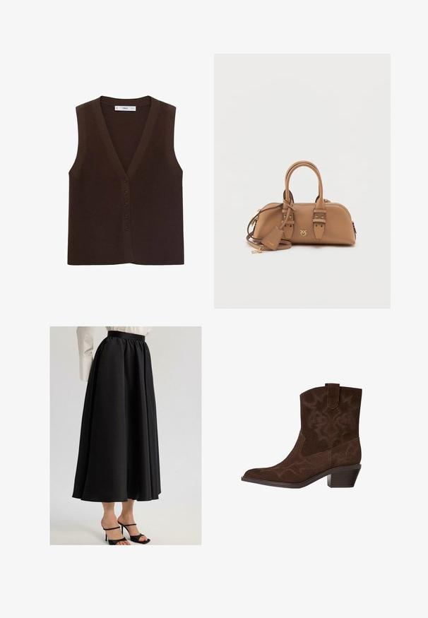 Hnědá pletená vesta s výstřihem do V, s knoflíkovou přední částí a žebrovanou strukturou. Bez rukávů, minimalistický design.; Bílá košile na knoflíky s klasickým límcem, dlouhými rukávy a volným střihem. Měkká látka s hladkým povrchem, bez vzorů či akcentů.; Černá maxi sukně vyrobená z hladkého materiálu, s nařaseným pasem a splývavým střihem, v kombinaci s černými sandály na podpatku.; Hnědá semišová kovbojská bota s špičatou špičkou, dekorativními stehy, výškou nad kotníky a s vršeným podpatkem. Obsahuje poutko pro snadné obouvání.; Tělová kožená kabelka s kulatým tvarem, zlatými kovovými detaily, dvojitými horními uchy a odnímatelným popruhem na rameno. Obsahuje detail s logem.; Náušnice s perlami ve tvaru kapky s leštěným povrchem, mají stříbrný kloubový uzávěr a kulaté bílé perly. Jednoduchý, klasický design.