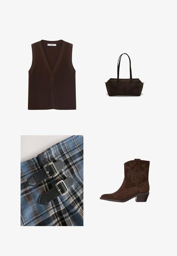 Pull over in maglia marrone con scollo a V, caratterizzato da una chiusura frontale con bottoni e una texture a coste. Senza maniche, design minimalista.; Camicia bianca con colletto classico, maniche lunghe e vestibilità rilassata. Tessuto morbido con superficie liscia, senza motivi né accenti.; Tessuto a quadri blu e marrone con una consistenza morbida, caratterizzato da due cinturini in pelle nera con fibbie argentate per la chiusura. Cerniere visibili.; Stivale da cowboy in suede marrone con punta affusolata, motivi di cucitura decorativi, altezza alla caviglia e tacco impilato. Presenta un'etichetta per una facile indossatura.; Borsa a tracolla in suede marrone scuro con manici allungati, forma rettangolare strutturata e superficie liscia. Presenta cuciture laterali inclinate e senza hardware visibile.; Orecchini a goccia in perle con superficie lucida, dotati di chiusura a leva argentata e perle bianche rotonde. Design semplice e classico.