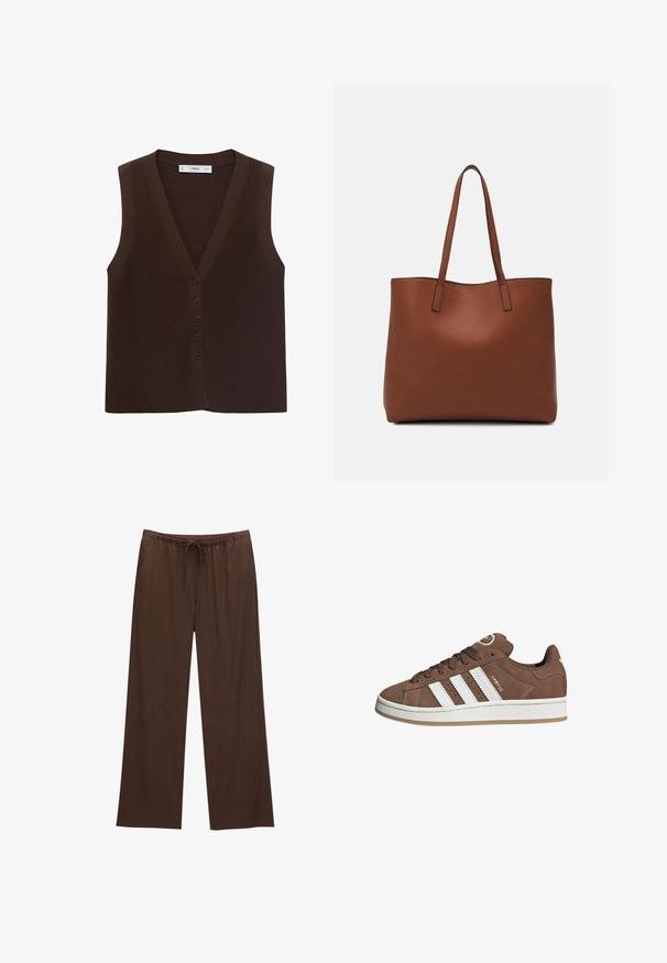 Brauner gestrickter Vest mit V-Ausschnitt, ausgestattet mit einer durchgehenden Knopfleiste und einem gerippten Material. Ohne Ärmel, minimalistisches Design.; Braun geripptes kurzärmliges Oberteil mit leicht geschwungenem Saum. Weiche Textur und lässige Passform, mit rundem Halsausschnitt und minimalen Nähten.; Braune weite Hosen aus weichem Stoff, mit einem elastischen Bund und Kordelzug sowie zwei Seitentaschen.; Braune Wildledersneaker mit weißen Lederstreifen, Gummisohle, gerundetem Zehenbereich und Schnürung. Mit einem Logo auf der Zunge und perforierten Akzenten.; Braune Leder-Tote mit glatter Textur, offenem Oberteil und zwei Schulterriemen. Verfügt über minimale Nähte und keine sichtbaren Beschläge.