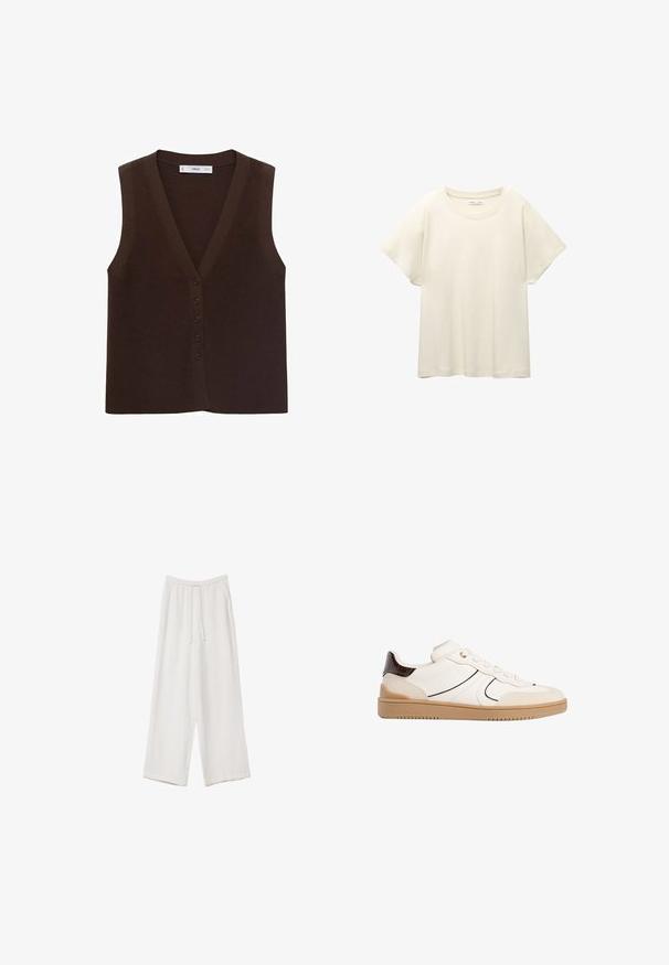 Brauner gestrickter Vest mit V-Ausschnitt, ausgestattet mit einer durchgehenden Knopfleiste und einem gerippten Material. Ohne Ärmel, minimalistisches Design.; Helles beige T-Shirt mit kurzen Ärmeln und Rundhalsausschnitt, aus weichem, glattem Stoff gefertigt. Verfügt über eine lockere Passform und einen geraden Saum.; Weiße weit geschnittene Hose aus leichtem Stoff. Mit einem elastischen Bund und Kordelzug sowie Seitentaschen. Glatte Textur.; Stradivarius Sneaker low - white