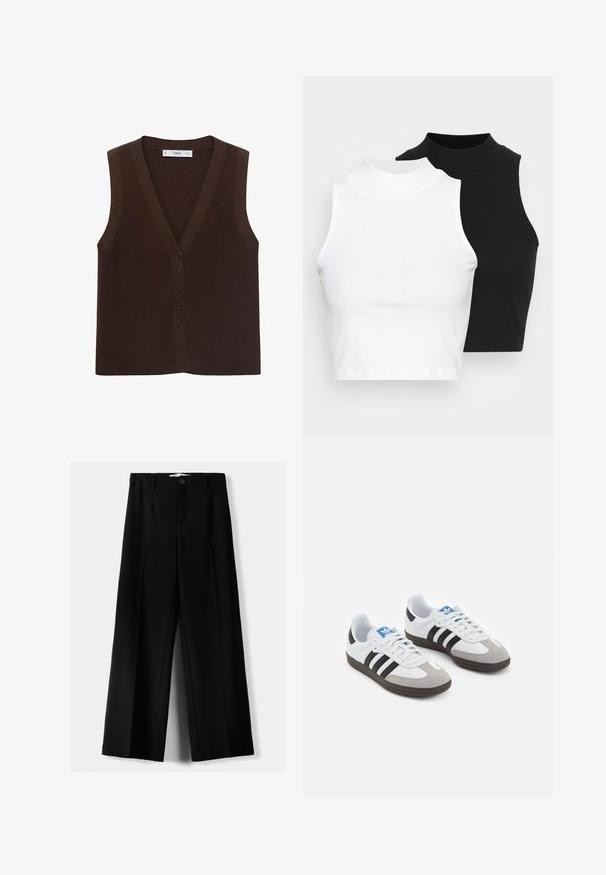 Hnedý pletený vest s výstrihom do V, s gombíkovou prednou časťou a rebrovanou textúrou. Bez rukávov, minimalistický dizajn.; Dve bezrukávové rebrované roláky v čiernej a bielej farbe, pričom majú priliehavý strih a hladkú textúru, s krátkou dĺžkou.; Čierne široké nohavice z ľahkého materiálu, s predným zapínaním na gombík a plochým predným dielom, s pekne ušitými lemami.; Športové topánky s bielym koženým zvrškom, šedou semišovou špičkou a tromi čiernymi pruhmi. Obsahujú modré logo na jazyku a štruktúrovanú gumovú podrážku.