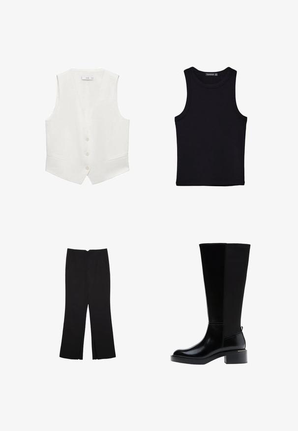 Gilet bianco senza maniche con scollatura a V, dotato di quattro bottoni e due tasche frontali. Tessuto liscio e vestibilità aderente.; Canotta nera in cotone, caratterizzata da un colletto rotondo e ampi giromanica. Texture liscia con orli cuciti. Design classico e minimalista.; Pantaloni neri a gamba dritta, con tasche frontali e spacchi laterali all'orlo. Realizzati in tessuto morbido e liscio. Adatti a diverse occasioni.; Stivale nero fino al ginocchio in pelle liscia, con evidenti cuciture, tacco spesso e pannello posteriore testurizzato per un tocco di interesse in più.