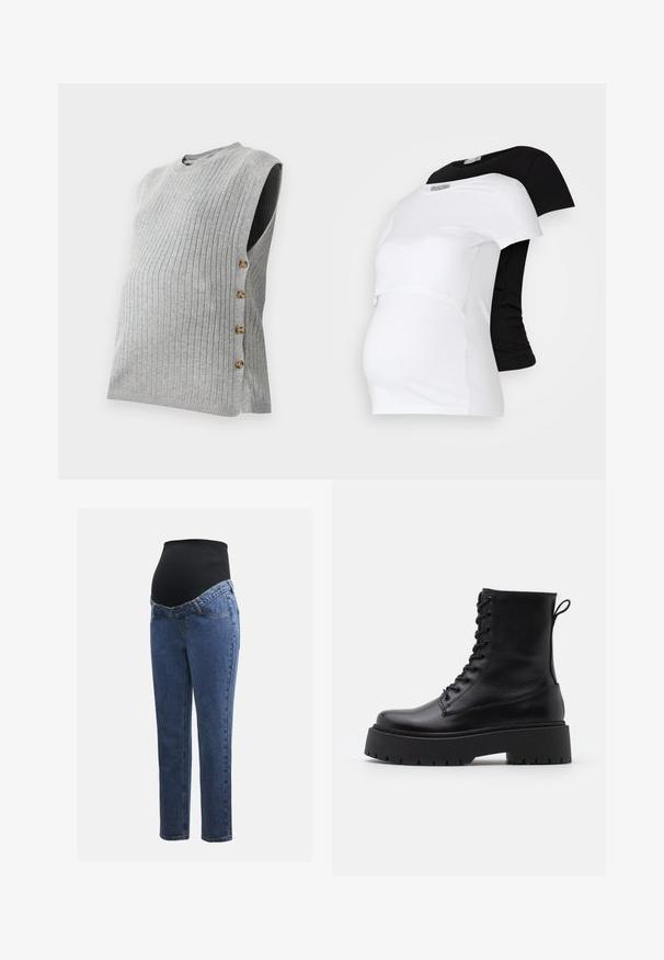 Pilka juostelėmis nėštumo palaidinė su apvalia iškirpte ir šoniniu knopkių uždarymu, su keturiomis auksinės spalvos knopkėmis kairėje siūlėje.; Juodos ir baltos nėštukių marškinėliai, trumpomis rankovėmis, pagaminti iš minkštos medvilnės medžiagos, su sluoksniuota dizaino struktūra ir surinkta dalimi, skirta augančiam pilvui.; Nėštumo džinsai su mėlynos džinsinės medžiagos kojomis ir juodu elastingu pilvo skydeliu, skirtu palaikyti ir uždengti augantį pilvuką.; Juodos odinės aulinukės su apvalia nosimi, raišteliais priekyje ir storesniu guminio pado apačioje su tekstūruotu raštu. Priekyje yra kilputė.