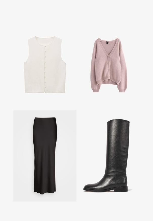 Ärmelloses, creamfarbenes Oberteil mit rundem Halsausschnitt und einer Frontknopfleiste mit kleinen, weißen Knöpfen. Glatte Stofftextur.; Hellrosa gestrickte Strickjacke mit V-Ausschnitt, vier Knöpfen auf der Vorderseite sowie geripptem Saum und Bündchen. Weiche Textur mit einem lockeren Schnitt.; Schwarzes, geripptes Tanktop mit rundem Ausschnitt und besticktem Logo in Weiß. Der Stoff hat eine glatte Textur und eine körperbetonte Passform.; Schwarzer, bodenlanger Satinrock mit glatter Textur, tailliertem Bund und A-Linien-Silhouette, ohne sichtbare Verzierungen oder Muster.; Knöchelhoche schwarze Lederstiefel mit strukturiertem Finish, runder Zehenpartie, glattem Schaft und niedrigem Blockabsatz. Minimalistisches Design, keine sichtbare Hardware.