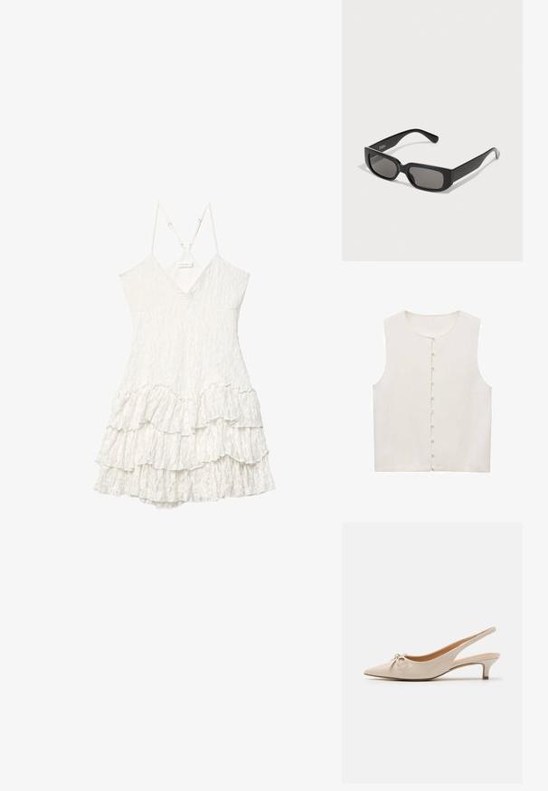 Top senza maniche color crema con scollatura tonda e chiusura frontale con bottoni piccoli bianchi. Texture del tessuto liscia.; Abito bianco senza maniche in pizzo con scollatura a V, spalline sottili regolabili e dettagli in volant a strati nella gonna.; Tacchi slingback in pelle verniciata beige con punta affusolata e un fiocco decorativo sulla tomaia. Presentano un tacco basso e sottile e una consistenza liscia.; Occhiali da sole rettangolari neri con lenti grigie, realizzati in plastica liscia. Presentano un design minimalista con steli dritti e un branding discreto.