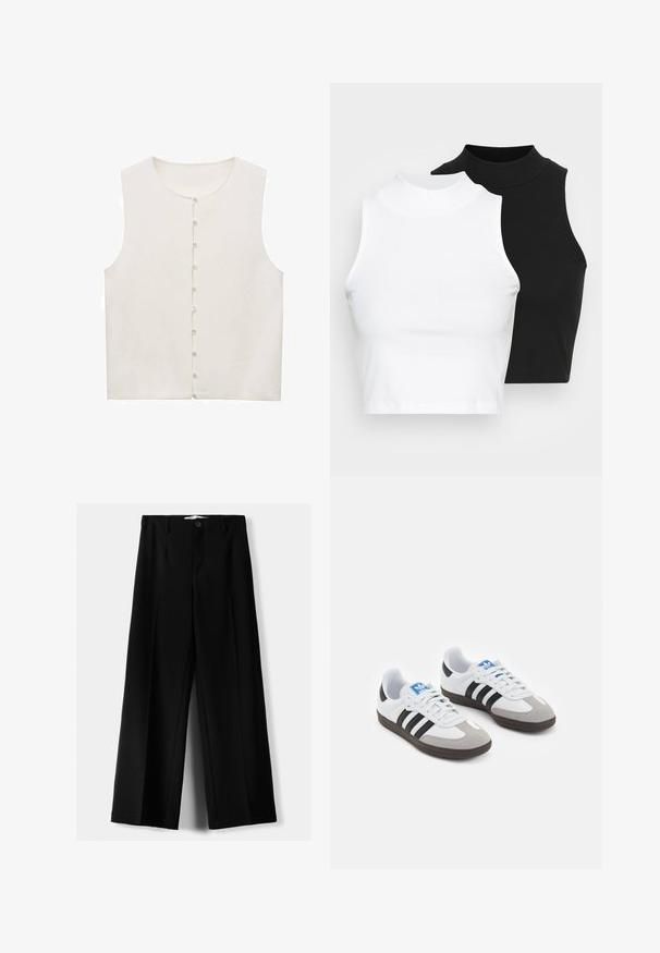 Bezrukavni top krem boje s okruglim izrezom i prednjim zatvaranjem na gumbe s malim bijelim gumbima. Glatka tekstura tkanine.; Dvije bezrukavne rebraste majice s visokim ovratnikom u crnoj i bijeloj boji, s prilagođenim dizajnom i glatkom teksturom, te skraćenom dužinom.; Crne široke hlače izrađene od lagane tkanine, s prednjim zatvaranjem na dugme i ravnim prednjim dijelom, sa uredno šivenim rubovima.; Sportske cipele s gornjištem od bijele kože, sivi suedinasti nos i tri crne pruge. Imaju plavi logo na jeziku i teksturiranu gumenu podlogu.