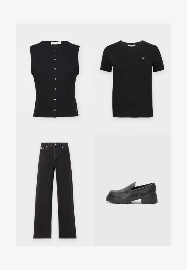 Melnā bezpiedurkņu blūze, kas izgatavota no ribotas auduma, ar apaļo kakla izgriezumu un pogām priekšā, kurām ir piecas pogas. Discreta logo detaļa apakšmalā.; Melnas kokvilnas t-krekls ar klasisku apaļu kakla izgriezumu, īsām piedurknēm un mazu baltu izšūtu "ck" logotipu uz krūtīm.; Melni platmalu džinsi, kas izgatavoti no denima, ar augstu vidukli, piecu kabatu dizainu un metāla pogas aizdari ar kontrastējošu šuvumu.; Melnas ādas mokasīni ar noapaļotu purngalu, biezs teksturēts zoles un minimālas dūriena detaļas. Gluds dizains bez redzamām auklām vai metāla elementiem.