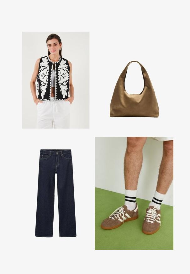 Čierna vesta s bielou kvetinovou výšivkou a volánkovým okrajom. Bezrukávový dizajn, predné zapínanie, v kombinácii s bielymi nohavicami.; Biely bavlnený top bez rukávov s okrúhlym výstrihom a priliehavým strihom. Hladká textúra, jednoduchý dizajn a minimálne švy.; Tmavé džínsy s voľným strihom. Majú vysoký pás, päť vreciek a kontrastné švy. Priamy strih, bez zdobenia.; Hnedé zamatové tenisky s bielymi akcentmi a šnúrkami. Gumová podrážka. Nosené s bielymi ponožkami so čiernymi pruhmi. Zelená textúrovaná podlaha.; Hnedá látková taška cez rameno s širokým, zaobleným telom a veľkým vyrezaným uchom. Mäkčená textúra, minimalistický dizajn a bez viditeľného kovania.