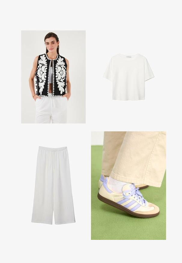 Schwarze Weste mit weißer Blumenstickerei und gewelltem Saum. Ärmelloses Design, mit vorderem Verschluss, kombiniert mit weißen Hosen.; Weißes T-Shirt mit kurzen Ärmeln aus Baumwolle. Hat einen Rundhalsausschnitt und eine lockere Passform. Glatte Textur ohne sichtbare Muster oder Akzente.; Weiße, weit geschnittene Hosen aus leichtem Stoff, mit einem elastischen Bund und einem Zugband für eine verstellbare Passform. Glatte Textur.; Cremefarbene und lavendelfarbene Sneakers mit drei Streifen und einer strukturierten braunen Sohle, ausgestattet mit Schnürsenkeln und einer gepolsterten Ferse. Obermaterial aus weichem Stoff.