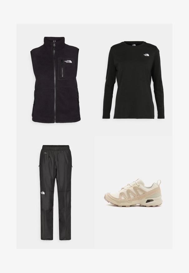 Svart fleeceställ med hög krage, framdragkedja, sidofickor och en bröstficka med North Face-logotyp. Mjuk textur, inga ärmar.; Svart långärmad t-shirt i bomull med rund hals. Har en liten vit logotyp på vänster bröstområde. Enkelt design och passform.; Svarta vattentäta byxor i lättviktsmaterial, med elastisk midja, sidofickor och en logotyp på vänster ben.; Beige och krämfärgad atletisk sko med texturerad meshovandel, stöttande överdrag och gummisulor med ett mönster för grepp.
