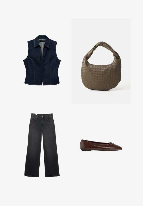 Denim sleeveless top in dark blue, featuring a pointed collar, front zipper, fitted design, and contrasting stitching detail.; Light beige crew neck sweater made of soft knit fabric. Features long sleeves and ribbed cuffs, with a relaxed fit and minimal design.; Black wide-leg jeans made of denim. Features a classic five-pocket design, a straight silhouette, and a front button closure.; Brown leather ballet flat with a smooth texture, pointed toe, and a bow accent on the front, featuring a low black rubber sole.; Woven olive green handbag with a rounded shape and a twisted handle. Textured surface features a diagonal pattern. Zipper closure.