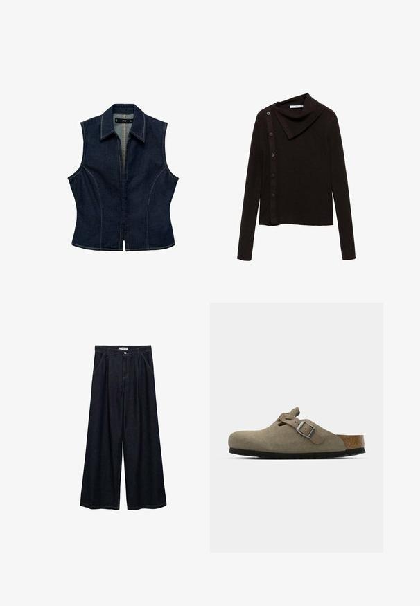 Ärmelloses Denim-Top in Dunkelblau mit spitzem Kragen, Frontreißverschluss, figurbetontem Design und kontrastierenden Nähdetails.; Brauner Strickpullover mit einem Kragen-Design, ausgestattet mit einem seitlichen Knopfverschluss und langen Ärmeln. Der Stoff wirkt weich und strukturiert.; Dunkelblaue, weite High-Waist-Hosen aus Denim mit einem Knopfverschluss vorne, zwei Seitentaschen und Nähdetails.; Wildleder-Clogs in hellolivgrün mit einer geformten Kork- und Gummisohle. Verfügt über einen Seitenriemen mit einer metallischen Schnalle und einer abgerundeten Zehenpartie.