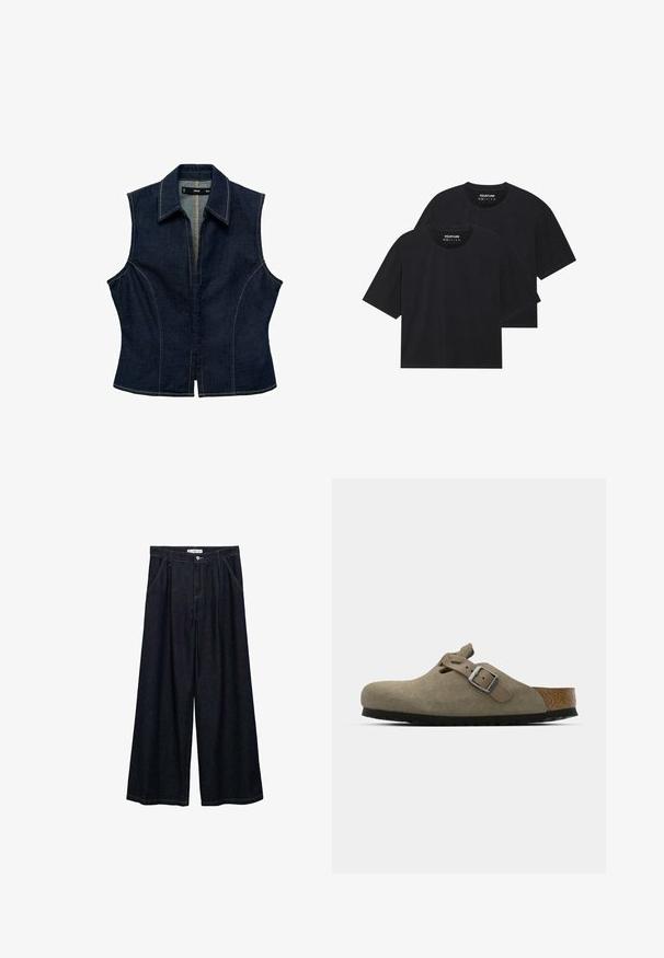 Top senza maniche in denim blu scuro, con colletto a punta, zip frontale, design aderente e dettagli di cucitura a contrasto.; T-shirt in cotone nero con una vestibilità rilassata, presenta maniche corte e colletto rotondo. Due pezzi mostrati, con una texture liscia.; Pantaloni larghi in denim scuro con vita alta, dotati di chiusura frontale con bottone, due tasche laterali e dettagli di cucitura.; Zoccoli in suede di un verde oliva chiaro con una soletta in sughero e gomma sagomata. Presentano una cinghia laterale con fibbia metallica e una punta arrotondata.