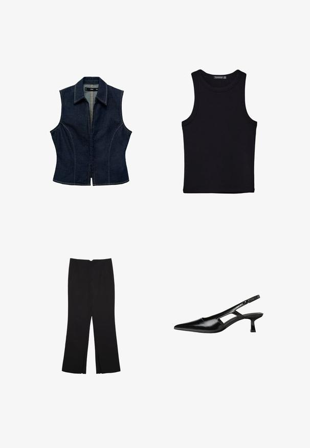 Ärmelloses Denim-Top in Dunkelblau mit spitzem Kragen, Frontreißverschluss, figurbetontem Design und kontrastierenden Nähdetails.; Schwarzes Tanktop aus Baumwolle mit rundem Halsausschnitt und weiten Armöffnungen. Glatte Textur mit genähten Säumen. Klassisches, minimalistisches Design.; Schwarze Hose mit geradem Schnitt, ausgestattet mit Fronttaschen und Seitenschlitzen am Saum. Hergestellt aus weichem, glattem Stoff. Geeignet für verschiedene Anlässe.; Schwarze Lackleder-Slingback-High Heels mit spitzer Zehenform, ausgeschnittenem Seitendesign und kleinem Blockabsatz. Glatte Textur mit minimalen Akzenten.